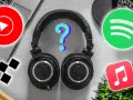 Słuchawki z logotypami YouTube, Spotify, Apple Music i znakiem zapytania.