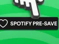 Ikona kursora myszy nad przyciskiem "Spotify Pre-Save" na zielonym tle.