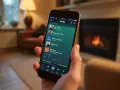 Dłoń trzyma smartfon z otwartą aplikacją Spotify, na ekranie widoczna lista utworów.