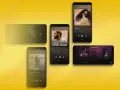 Pięć smartfonów z interfejsem aplikacji muzycznej Tidal na żółtym tle.