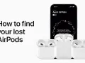 Trzy białe etui z otwartymi klapkami i słuchawkami AirPods, obok telefonu z aplikacją Znajdź.
