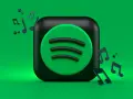Ikona Spotify otoczona nutami muzycznymi na zielonym tle.