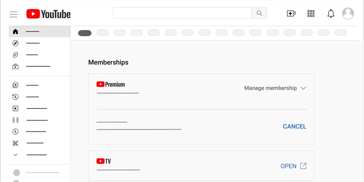 Ekran YouTube z sekcją "Memberships" pokazującą opcję anulowania YouTube Premium.