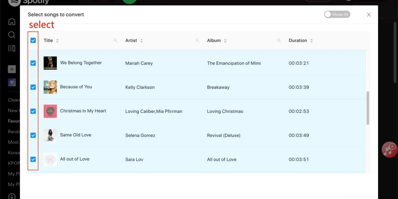 Lista utworów Spotify z zaznaczonymi do pobrania piosenkami.