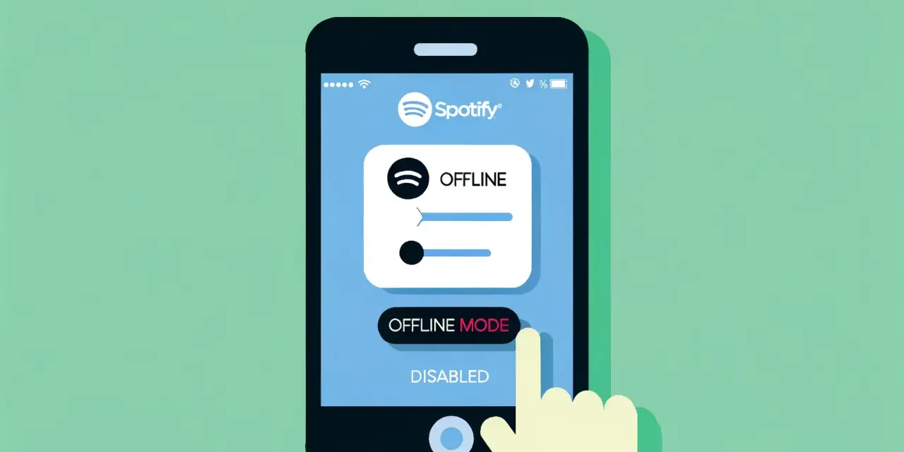 Dłoń dotyka przycisku "Offline Mode" na ekranie telefonu z aplikacją Spotify w trybie offline.
