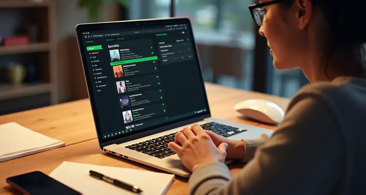 Kobieta w okularach pracuje na laptopie z otwartym Spotify.