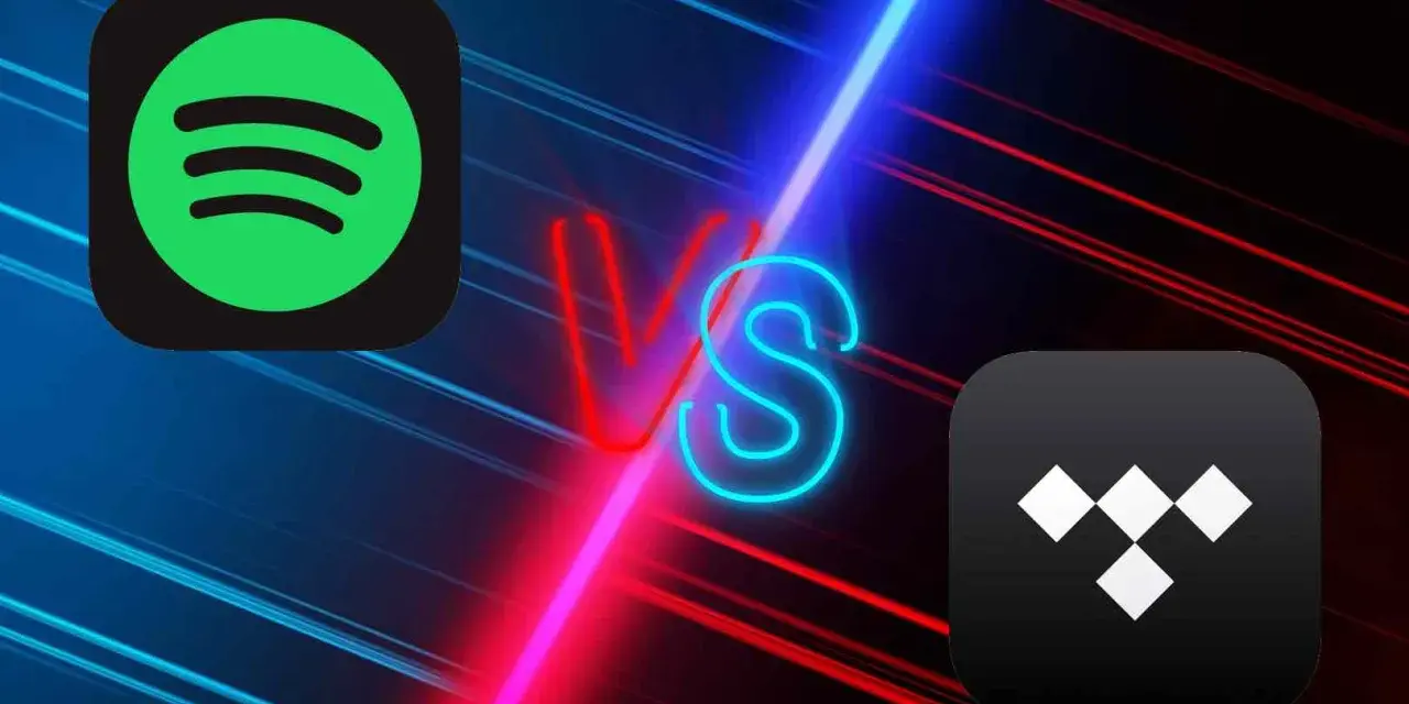 Logo Spotify i Tidal na tle neonowego napisu VS.