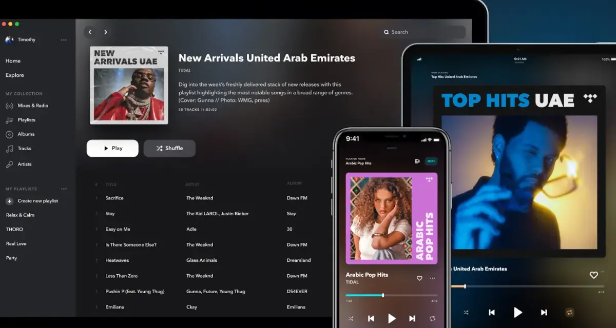 Ekran laptopa, tabletu i telefonu z interfejsem aplikacji muzycznej TIDAL.