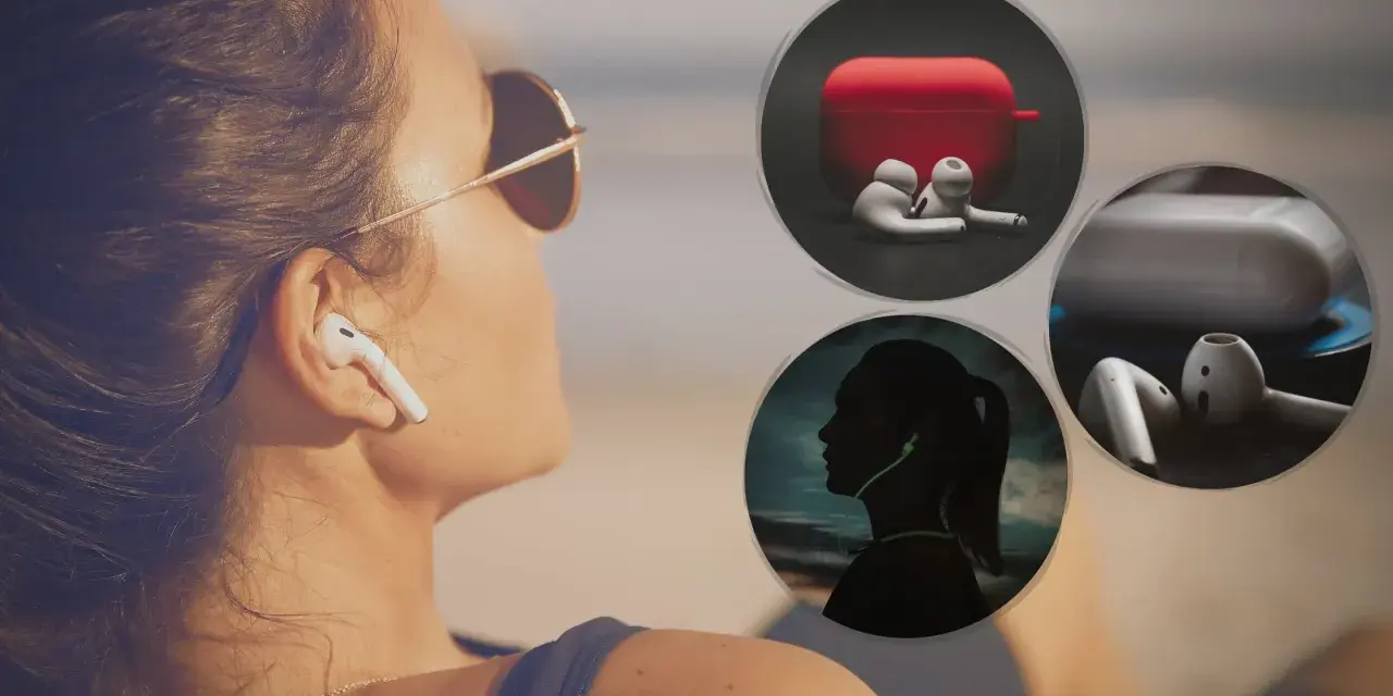 Kobieta z AirPods w uchu, obok okręgi z etui i słuchawkami.