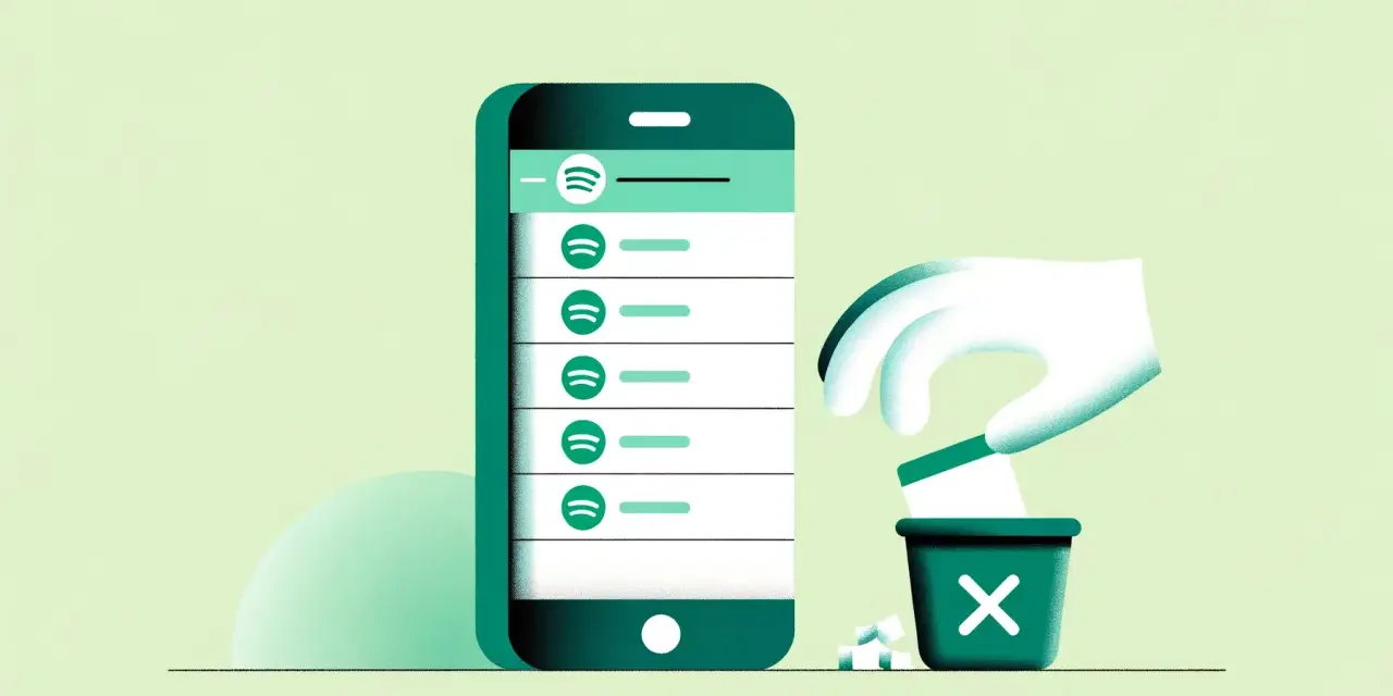 Dłoń wrzuca do kosza elementy z listy odtwarzania Spotify na ekranie telefonu.