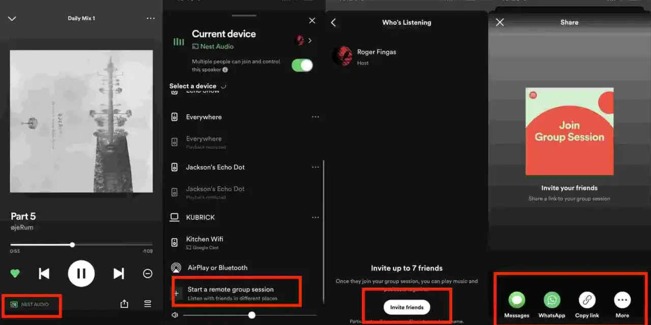 Trzy ekrany aplikacji Spotify pokazujące opcje udostępniania sesji grupowej.