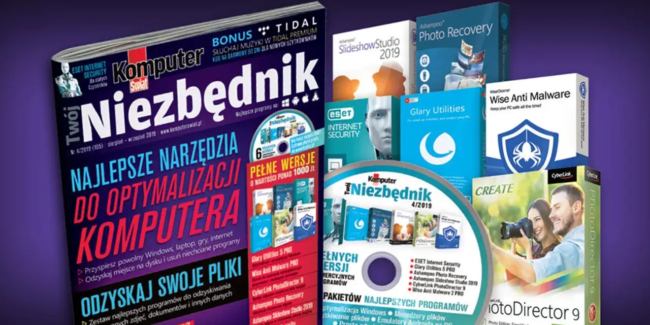 Magazyn "Komputer Niezbędnik" z płytą CD i pudełkami programów komputerowych.
