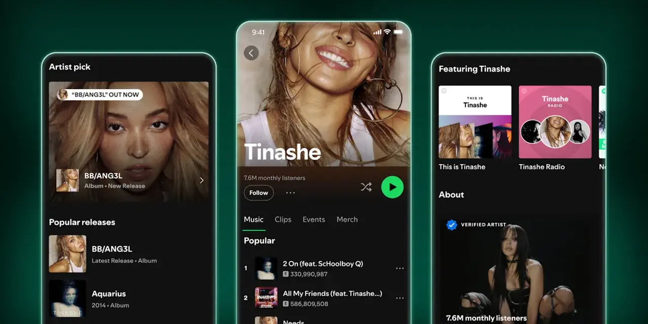 Trzy ekrany telefonu z profilem artystki Tinashe na Spotify, pokazujące jej muzykę i popularność.