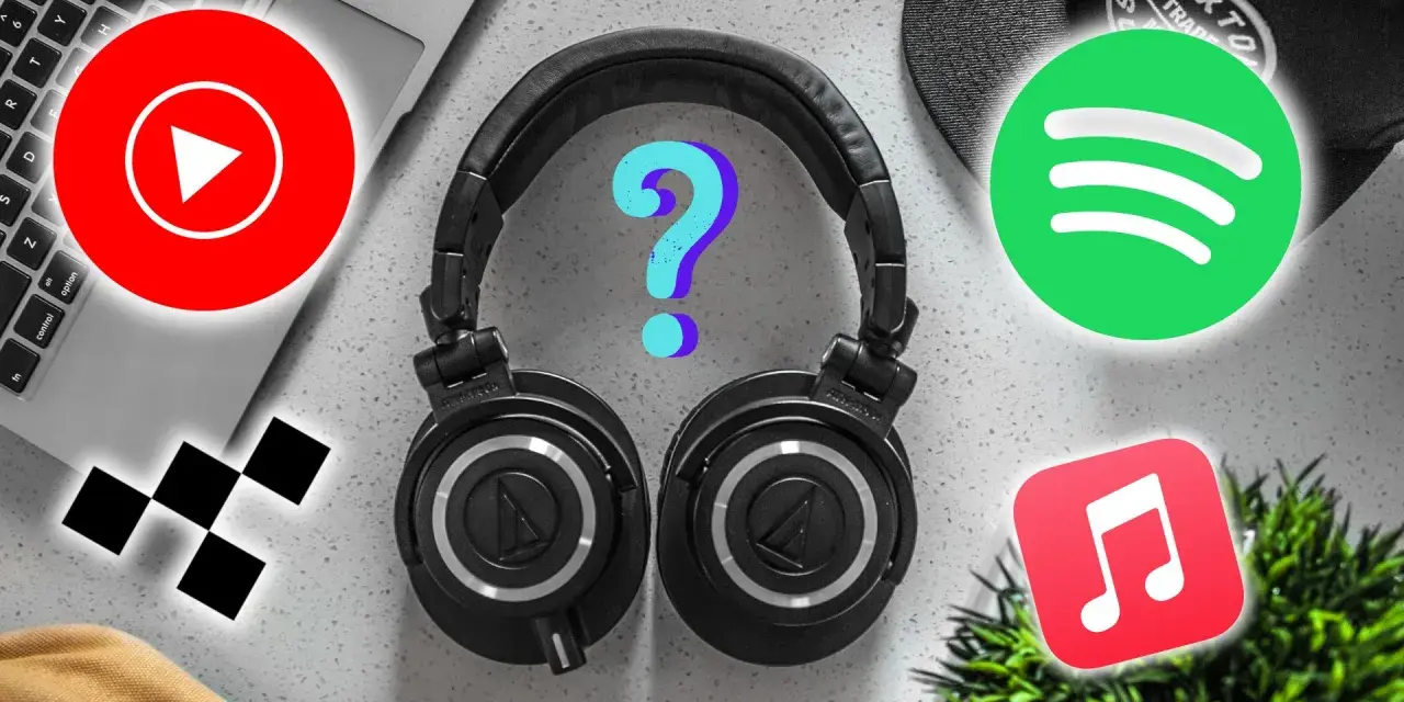 Słuchawki z logotypami YouTube, Spotify, Apple Music i znakiem zapytania.