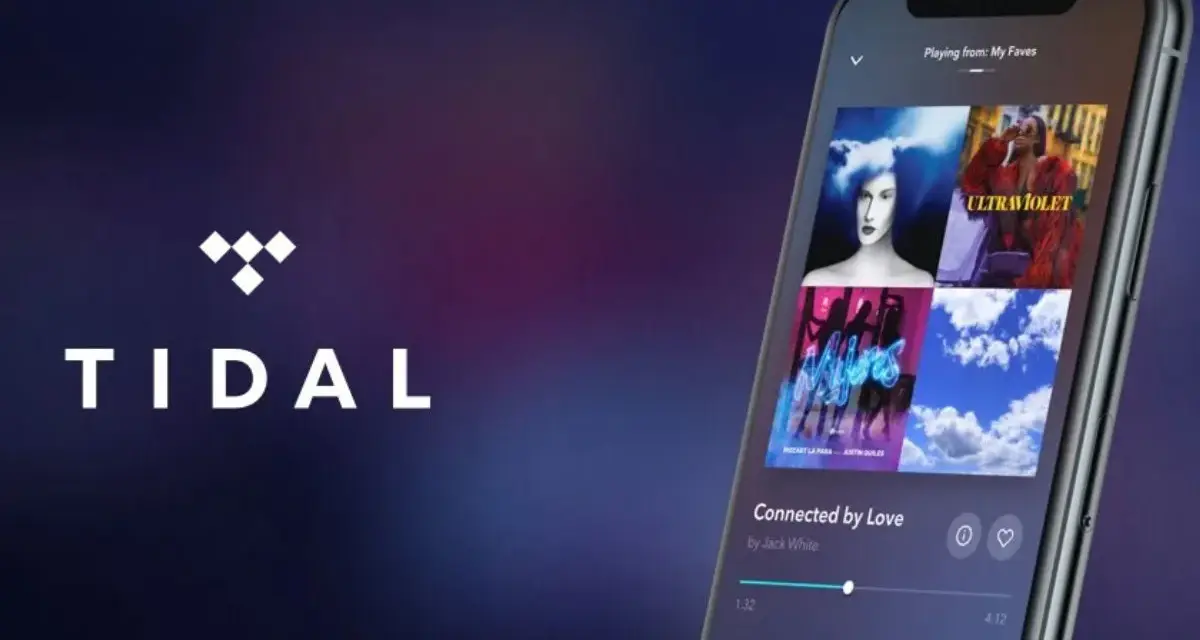 Logo Tidal i ekran smartfona z interfejsem aplikacji muzycznej.