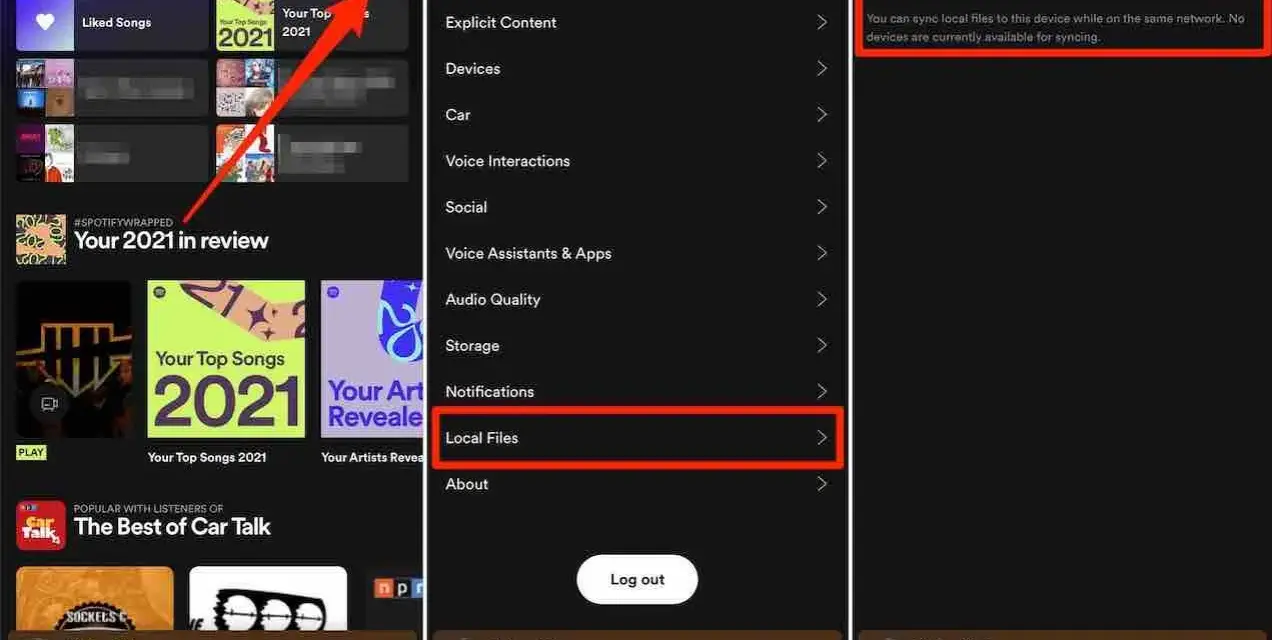 Zrzuty ekranu Spotify pokazujące ustawienia plików lokalnych.