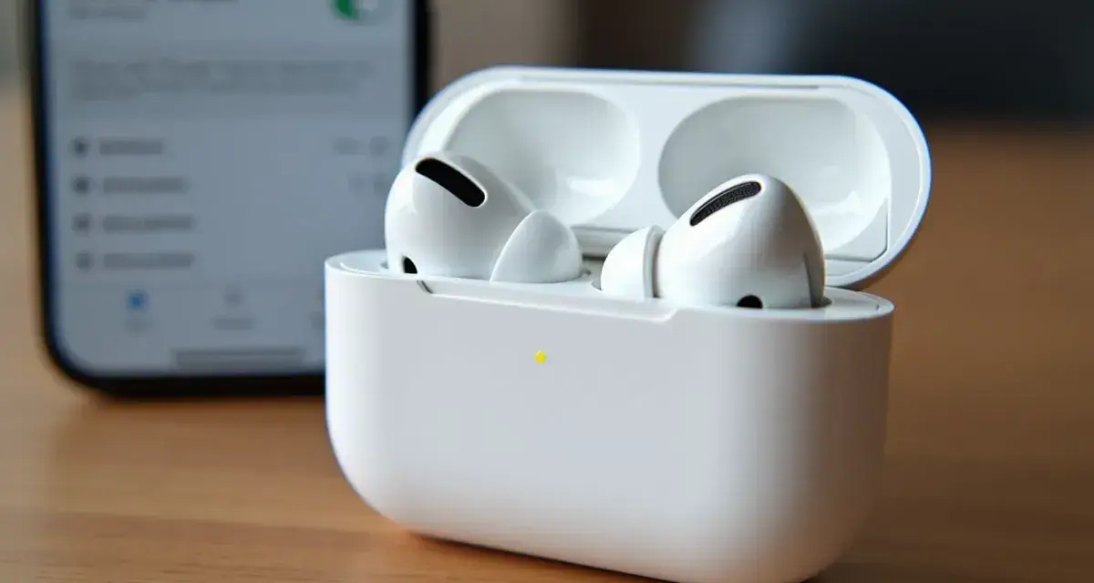 Białe słuchawki AirPods Pro w etui, obok wygaszonego ekranu telefonu.