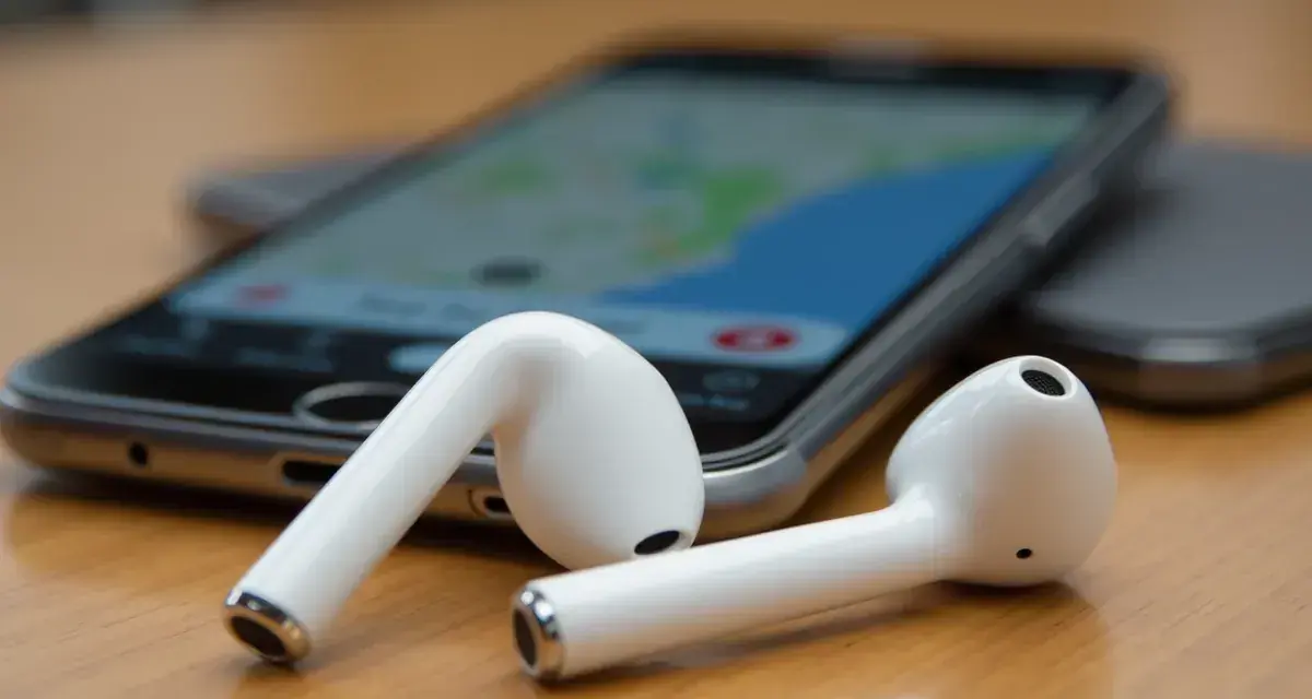 Białe słuchawki AirPods leżące obok smartfona z widoczną mapą.