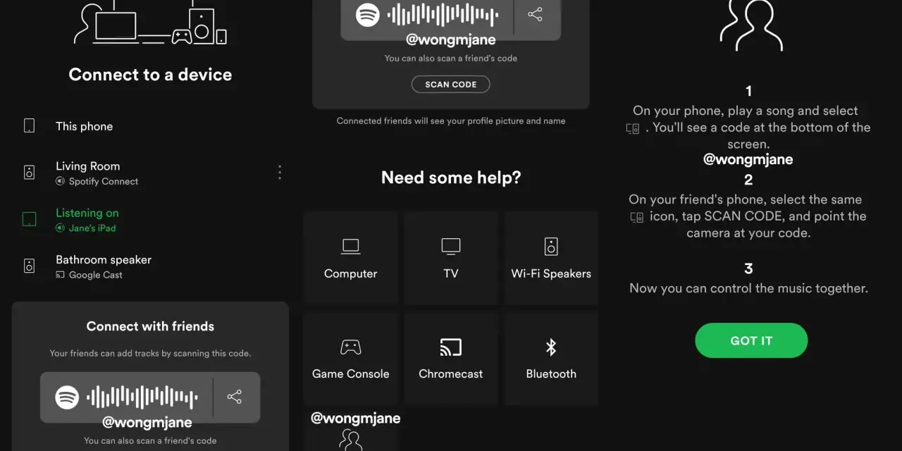 Ekran Spotify z kodem QR do połączenia z przyjaciółmi i instrukcjami słuchania muzyki razem.