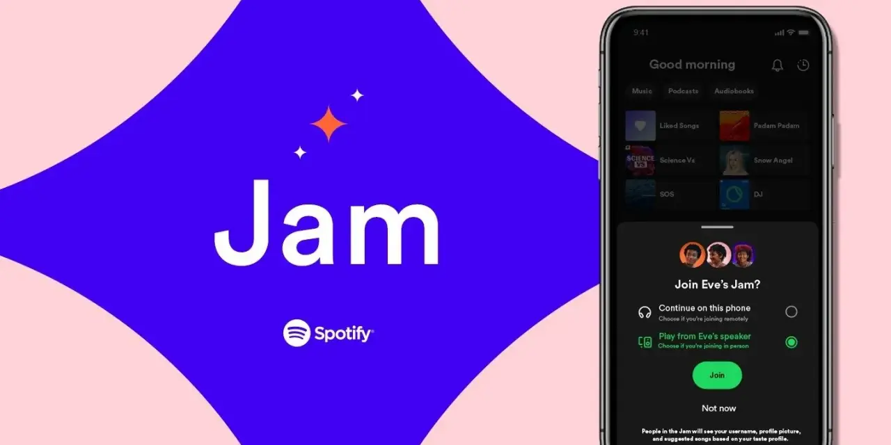 Telefon z aplikacją Spotify, na którym widać opcję dołączenia do "Jam" znajomych.