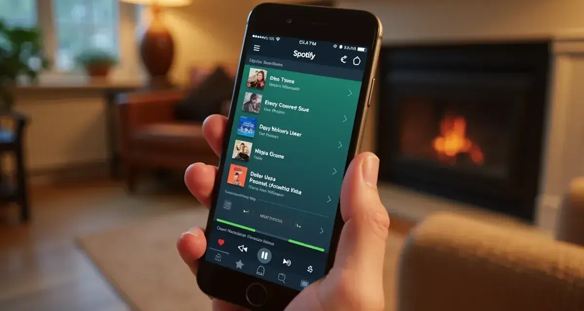 Dłoń trzyma smartfon z otwartą aplikacją Spotify, na ekranie widoczna lista utworów.