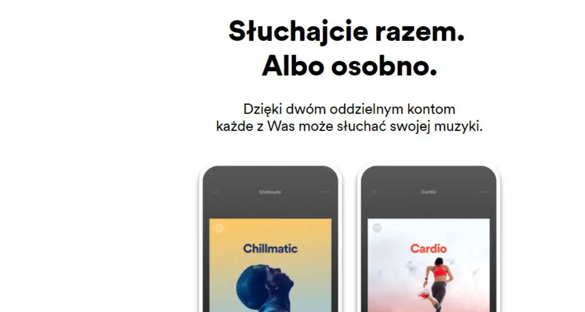 Dwa ekrany smartfonów z aplikacją muzyczną, jeden z portretem mężczyzny, drugi z biegaczką.