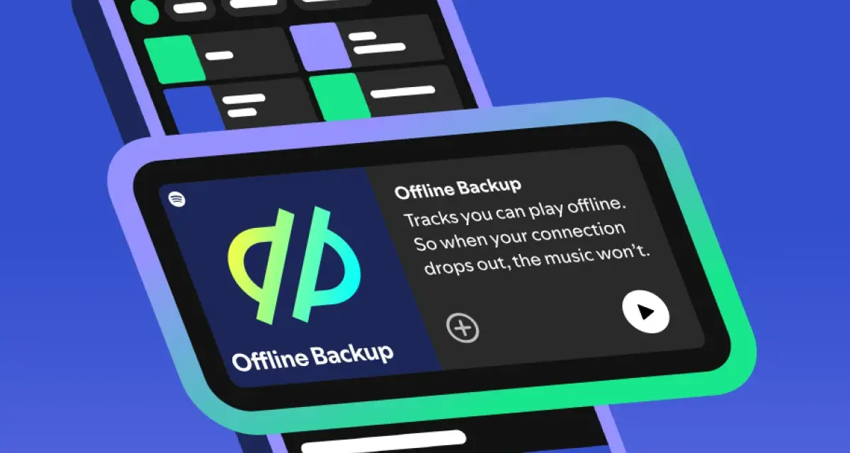 Dwa ekrany smartfonów z interfejsem Spotify, jeden z ikoną "Offline Backup".