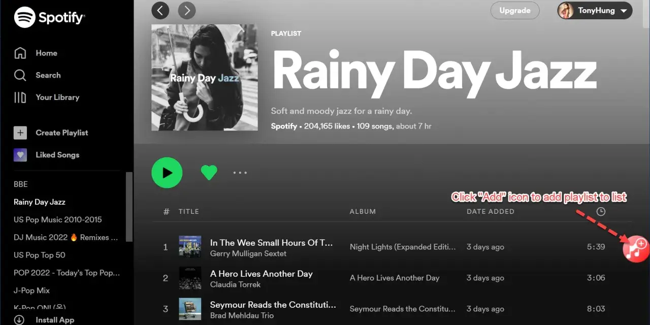 Okładka playlisty "Rainy Day Jazz" na Spotify, z widocznym interfejsem aplikacji i przyciskiem dodawania.