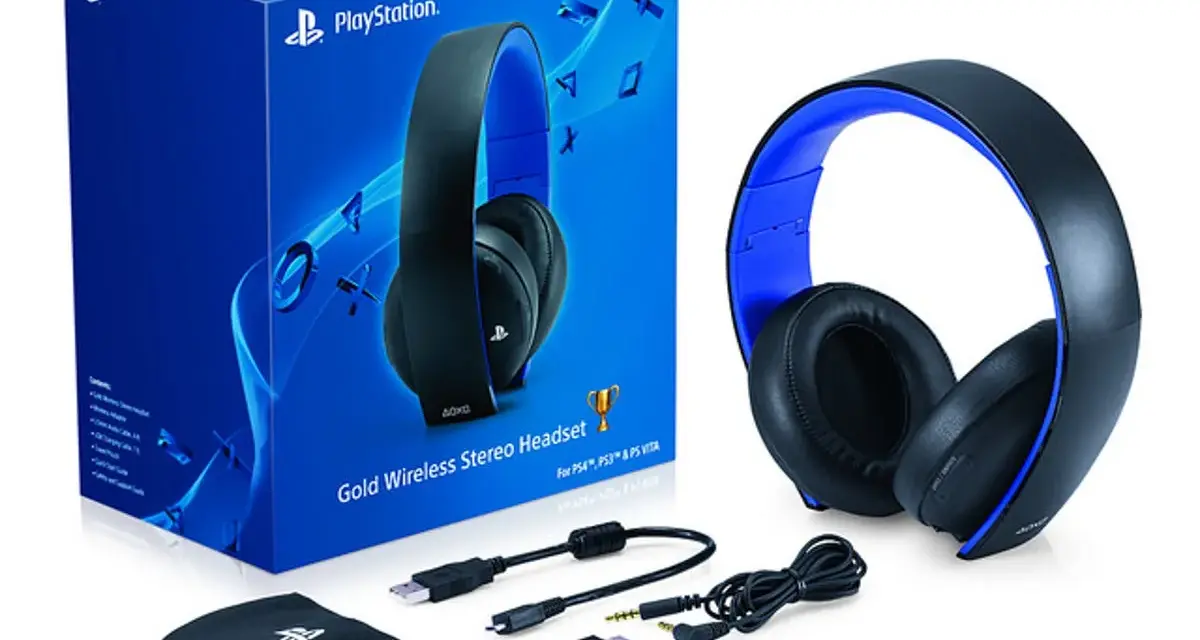 Zestaw słuchawkowy PlayStation Gold Wireless Stereo z pudełkiem i akcesoriami.
