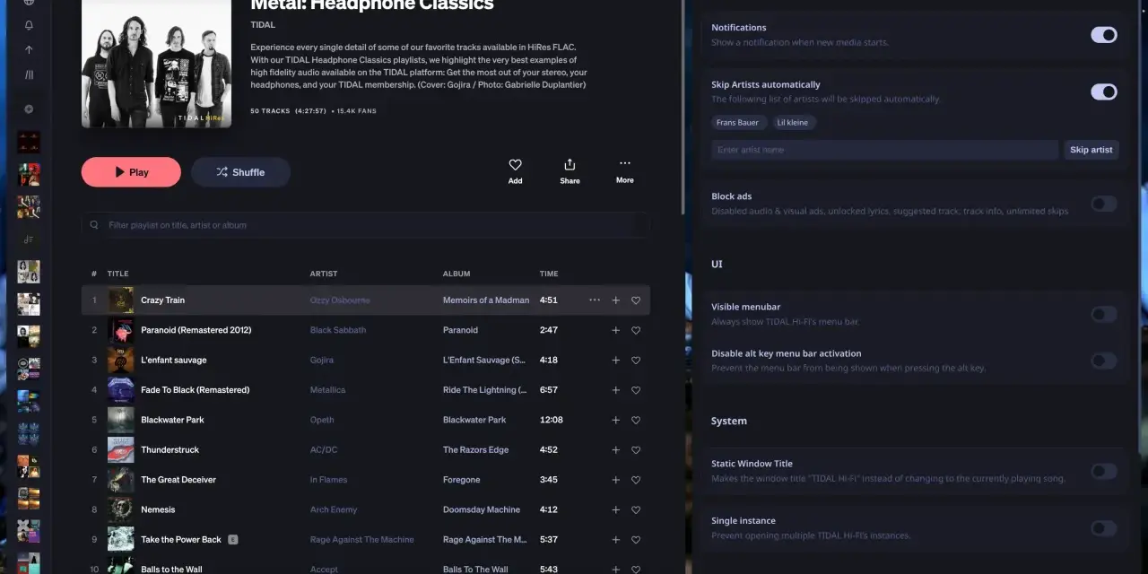 Okładka albumu zespołu Gojira z listą utworów i ustawieniami aplikacji Tidal.