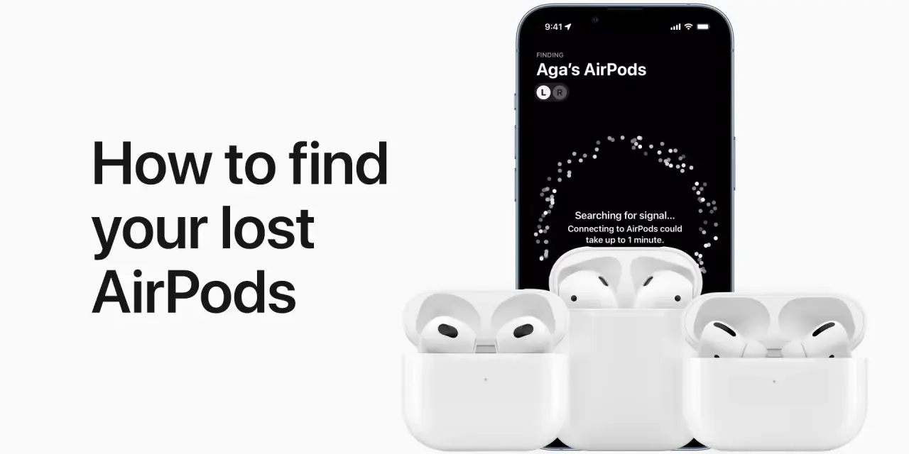 Trzy białe etui z otwartymi klapkami i słuchawkami AirPods, obok telefonu z aplikacją Znajdź.