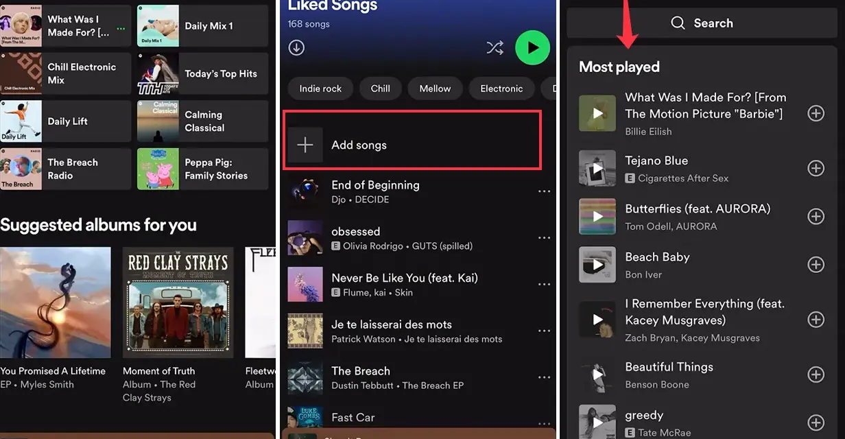 Ekran telefonu z aplikacją Spotify, pokazujący listę utworów i opcję dodawania.