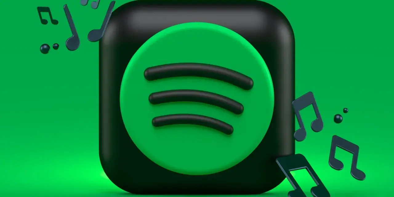 Ikona Spotify otoczona nutami muzycznymi na zielonym tle.