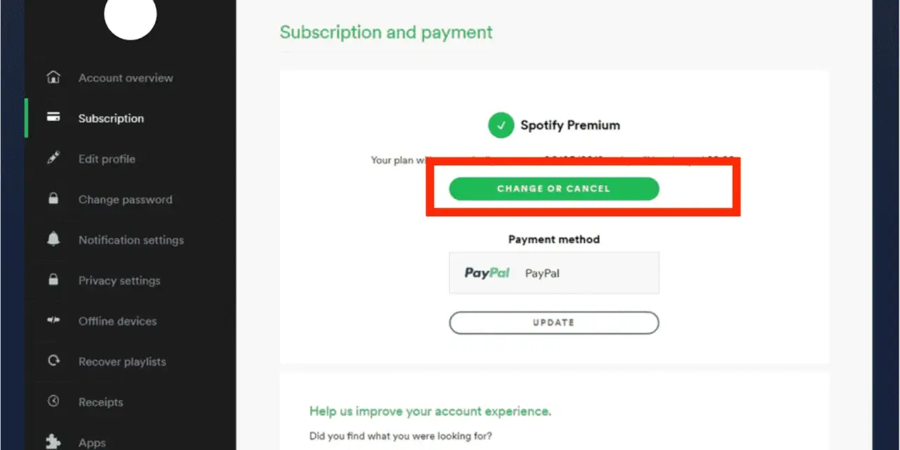 Ekran Spotify z zaznaczonym przyciskiem "Zmień lub anuluj" subskrypcję Premium.