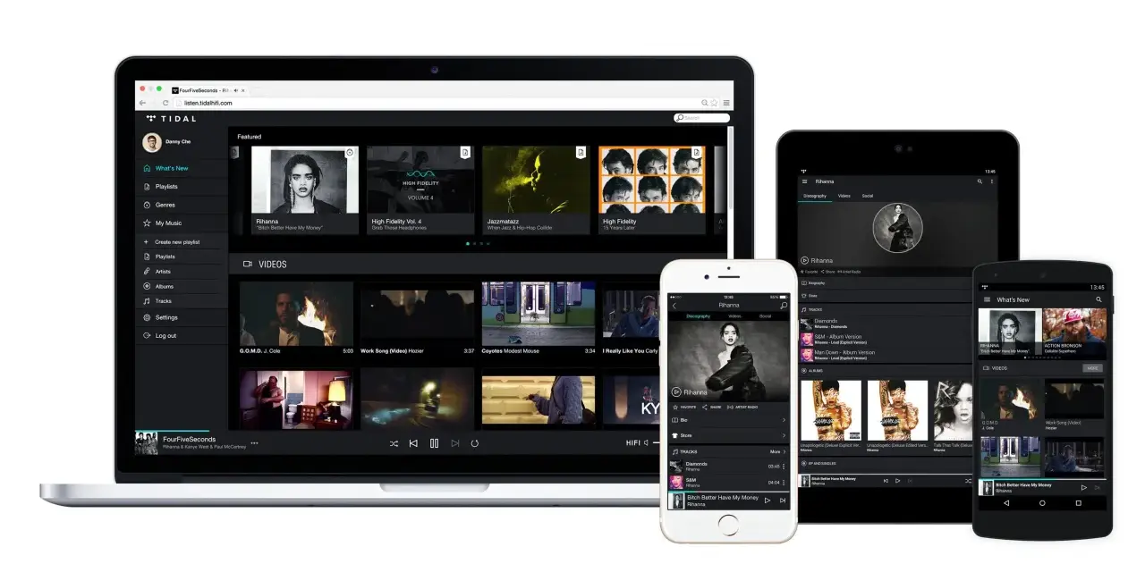 Ekran laptopa, tabletu i telefonu z interfejsem aplikacji muzycznej Tidal.