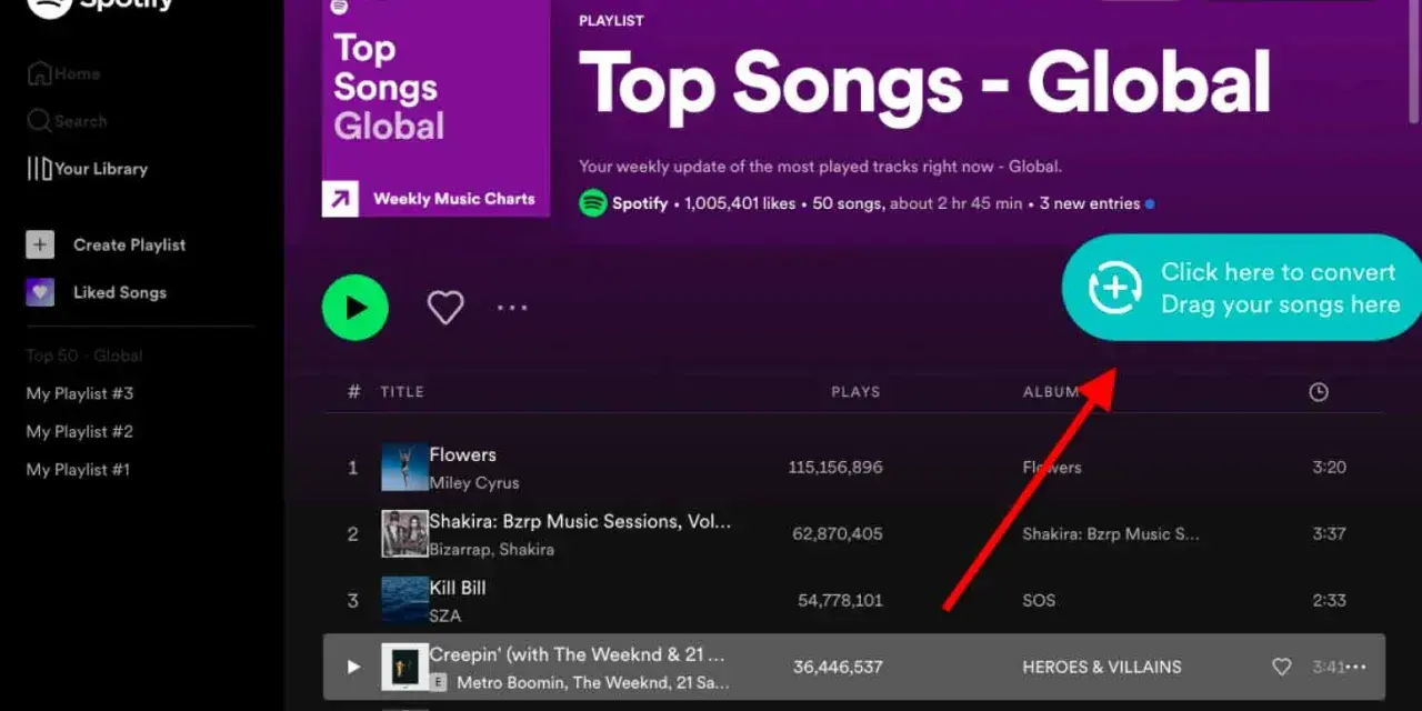 Spotify playlist "Top Songs - Global" z przyciskiem "Click here to convert Drag your songs here".