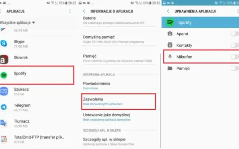 Ekran telefonu z zaznaczonymi uprawnieniami aplikacji Spotify do korzystania z mikrofonu.