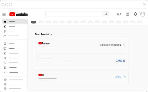 Ekran YouTube z sekcją "Memberships" pokazującą opcję anulowania YouTube Premium.