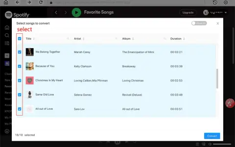 Lista utworów Spotify z zaznaczonymi do pobrania piosenkami.