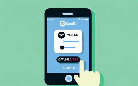 Dłoń dotyka przycisku "Offline Mode" na ekranie telefonu z aplikacją Spotify w trybie offline.