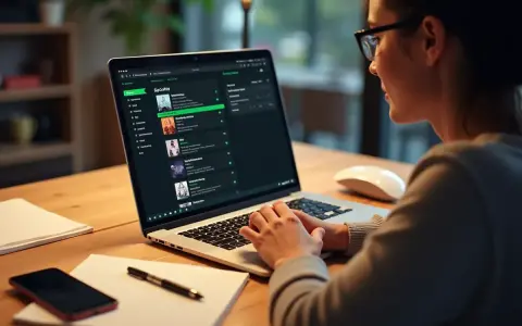 Kobieta w okularach pracuje na laptopie z otwartym Spotify.