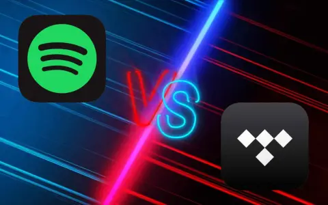 Logo Spotify i Tidal na tle neonowego napisu VS.