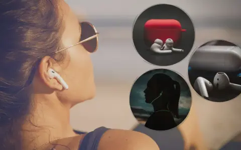 Kobieta z AirPods w uchu, obok okręgi z etui i słuchawkami.