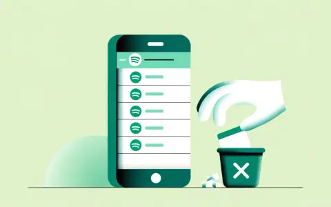 Dłoń wrzuca do kosza elementy z listy odtwarzania Spotify na ekranie telefonu.