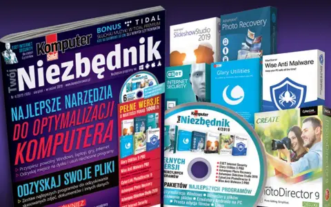 Magazyn "Komputer Niezbędnik" z płytą CD i pudełkami programów komputerowych.