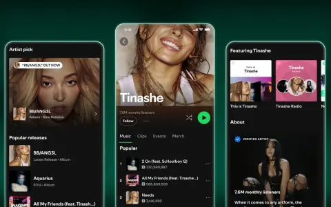 Trzy ekrany telefonu z profilem artystki Tinashe na Spotify, pokazujące jej muzykę i popularność.