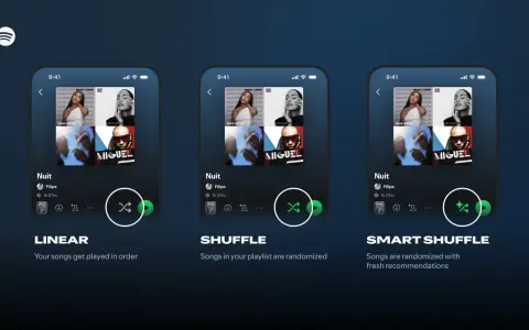 Trzy ekrany telefonu z interfejsem Spotify, pokazujące opcje odtwarzania: liniowe, losowe i inteligentne losowe.