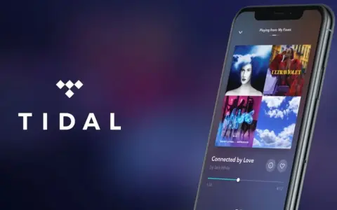 Logo Tidal i ekran smartfona z interfejsem aplikacji muzycznej.