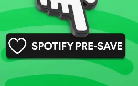 Ikona kursora myszy nad przyciskiem "Spotify Pre-Save" na zielonym tle.