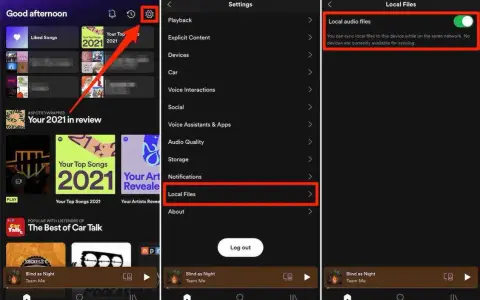 Zrzuty ekranu Spotify pokazujące ustawienia plików lokalnych.